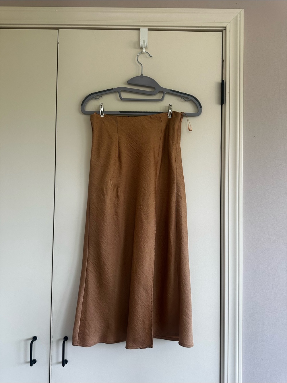 Satin A-Line Midi Skirt in Camel